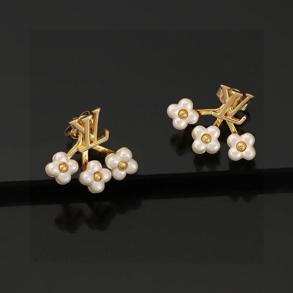 Louis Vuitton Gold Tone Pearl Flower Stud Earrings